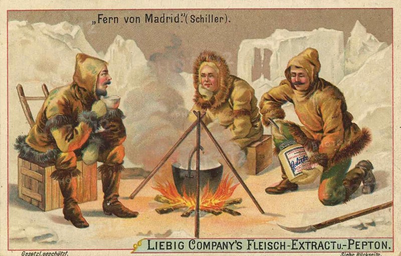 Picture series Sayings of famous poets, Schiller, far from Madrid, Liebig picture, digitally restored reproduction of a collective picture from around 1900, public domain, exact date unknown, men in warm clothing around a campfire in a snowy landscape