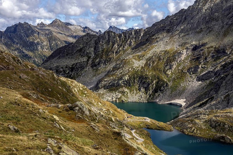 Lago Superiore and Lago di Sassola, behind Ticino mountains, Sambuco valley, Vale Sambuco, near Fusio, Lavizzara, Canton Ticino, Switzerland, Europe