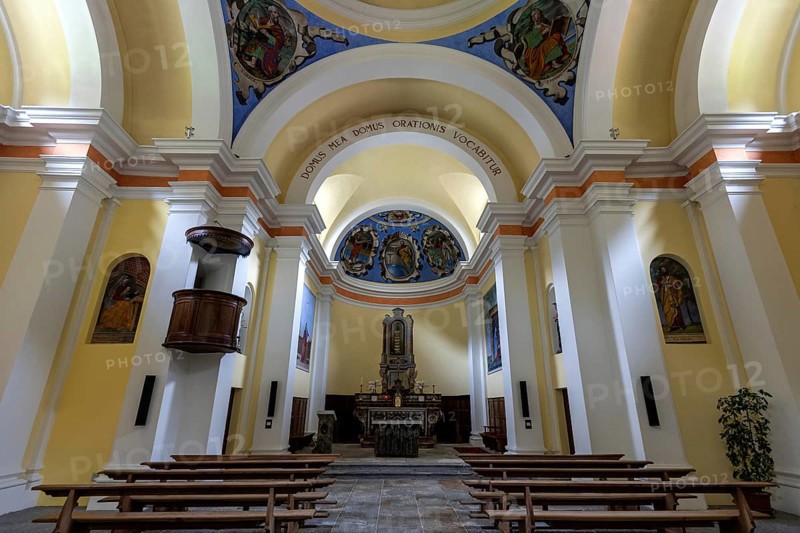 Church interior view in the village of Sonogno, Verzasca Valley, Valle Verzasca, Canton Ticino, Switzerland, Europe