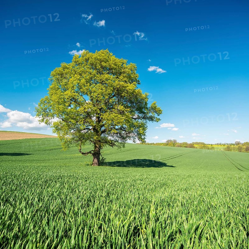 Green grain field with large solitary oak tree under blue sky in spring, Burgenlandkreis, Saxony-Anhalt, Germany, Europe