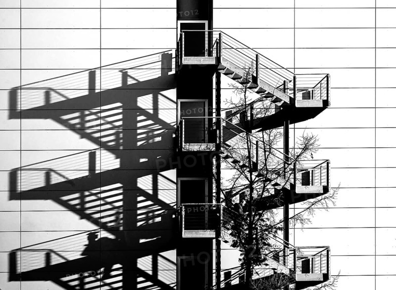 External staircases with shadows cast by a modern office building, Erlangen, Middle Franconia, Bavaria, Germany, Europe