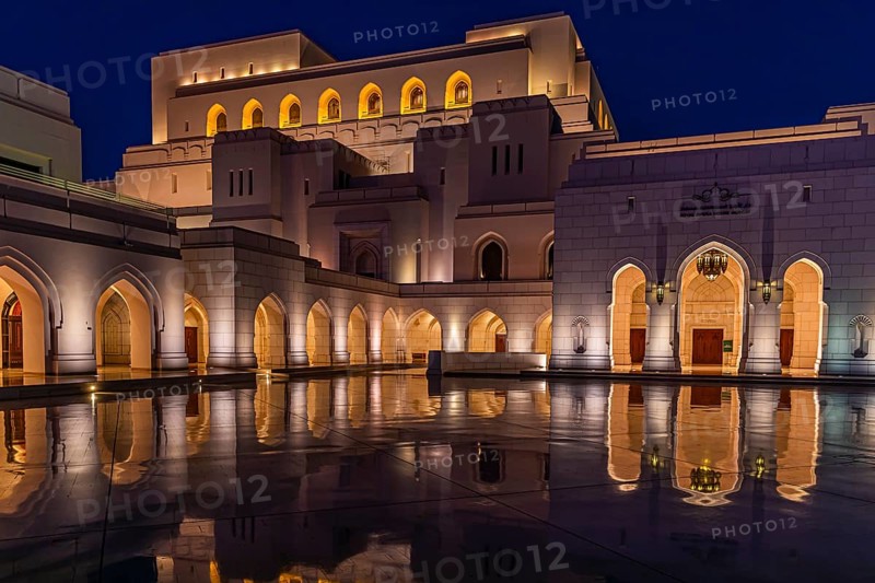 The illuminated main square in front of the Royal Opera, at night, night shot, Muscat, Arabian Peninsula, Sultanate of Oman