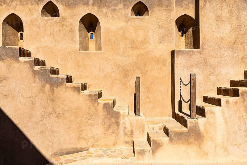 Staircases and embrasures in the palace fortress of Jabrin, Jabrin, near the city of Bahla, Arabian Peninsula, Sultanate of Oman