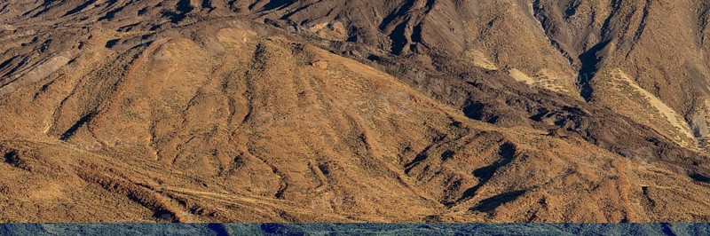 Panorama during the ascent to the Alto de Guajara, 2715m, over the Teide National Park, Parque Nacional del Teide, with solidified lava flows at the foot of the Pico del Teide, 3715m, at sunrise, Tenerife, Canary Islands, Spain, Europe