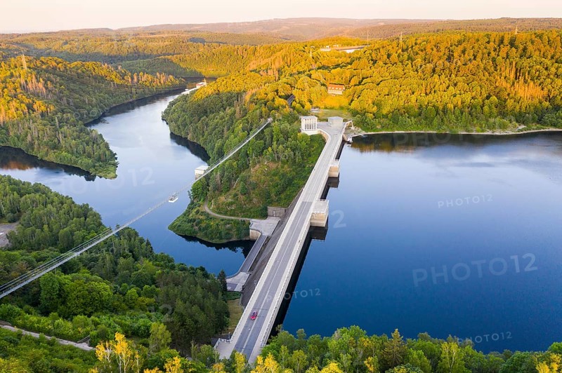 Aerial view of the Rappbode dam, dam wall and suspension bridge by Harzdrenalin, Oberharz am Brocken, Harz, Saxony-Anhalt, Germany, Europe
