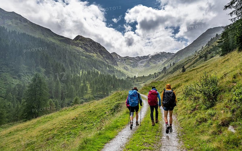 Mountaineer on a forest path in Mullitztal, ascent to Lasörlinghütte from Virgental, Lasörlinggruppe, Hohe Tauern, East Tyrol, Tyrol, Austria, Europe