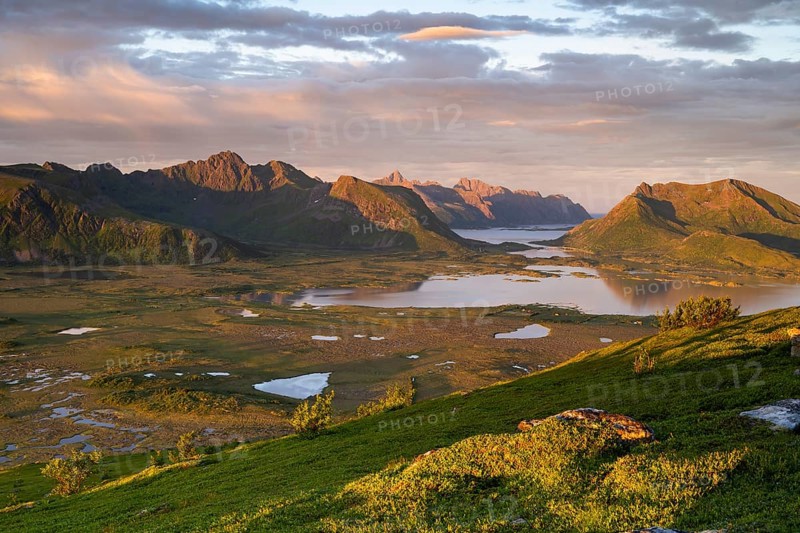 View of the coast and mountains from Mount Hoven, Gimsoy, Lofoten, Norway, Europe