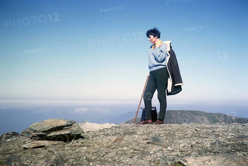 Woman walking on the summit of Mount Snowdon, Snowdonia, North Wales, Great Britain 1966