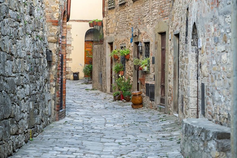View of a little Street in the little wine town of Montefioralle, Chianti, Florence, Firenze, Tuscany, Italy, Europe