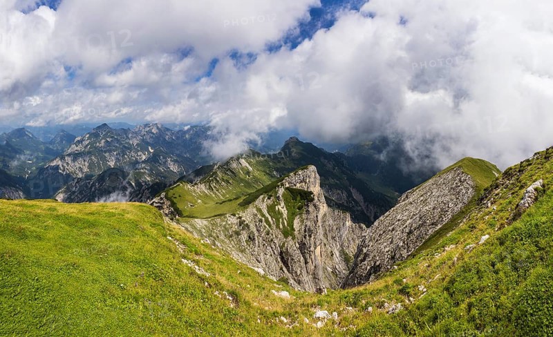 View from the Gamsfeld into the Osterhorn group, Russbach, Salzkammergut, Salzburg province, Austria, Europe