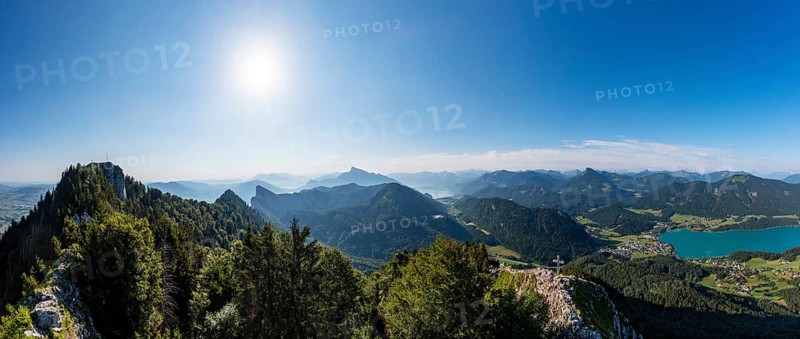Drone shot, summit cross on the Frauenkopf with a view of Lake Fuschl, Osterhorn group, Salzkammergut, Salzburg province, Austria, Europe