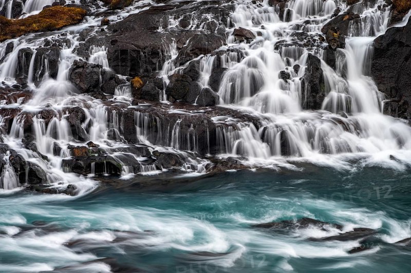Hraunfossar, waterfalls in autumn, river Hvítá, West Iceland, Vesturland, Iceland, Europe
