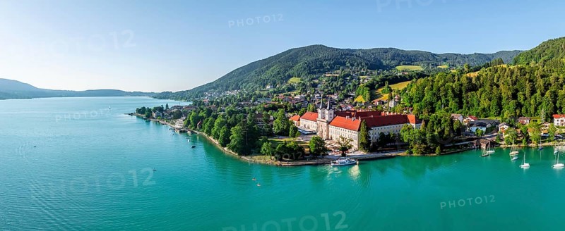 Bräustüberl and Schlosswirtschaft at Tegernsee, aerial view, Tegernsee, Bavaria, Germany, Europe