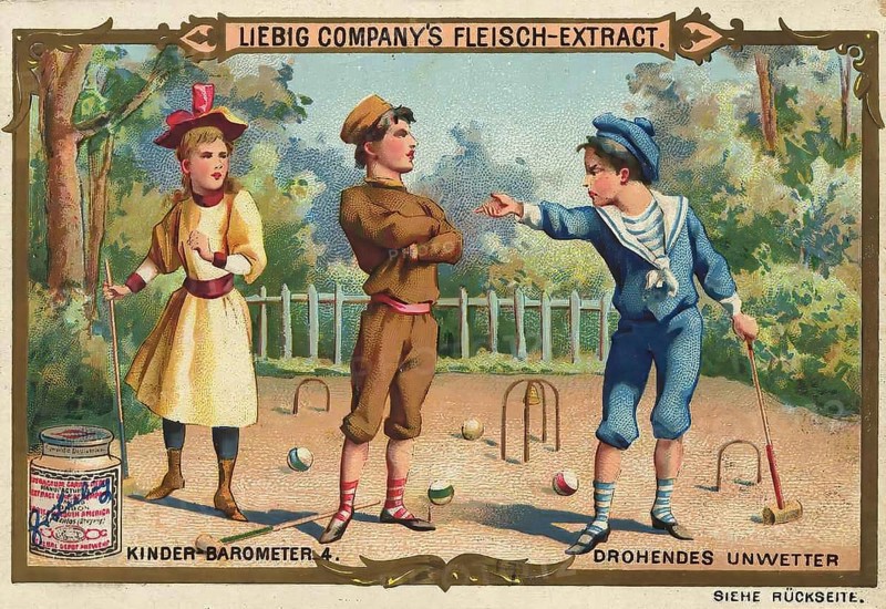 Picture series Children's barometer, 4, impending storm, arguing children, Liebig picture, digitally restored reproduction of a collector's picture from around 1900, public domain, exact date unknown, children in intense discussion in a meadow as bad weather approaches