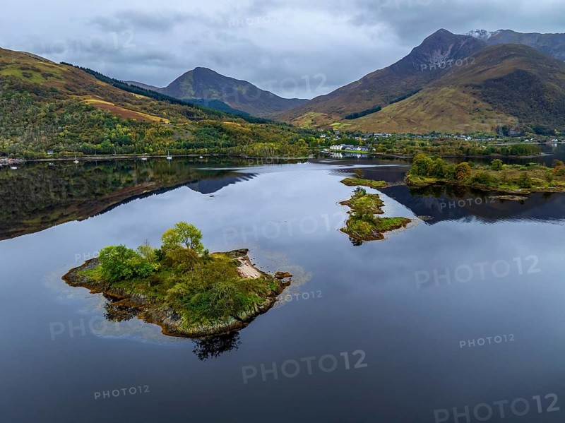 Fjord, coast, mountain landscape, reflection, island, autumn, autumn colours, aerial view, Ballachulish, Loch Leven, Scotland, Great Britain