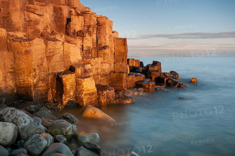 Basalt columns, columnar basalt, coast, long exposure, Hofsos or Hofsós, Skagafjörður, Norðurland, Iceland, Europe