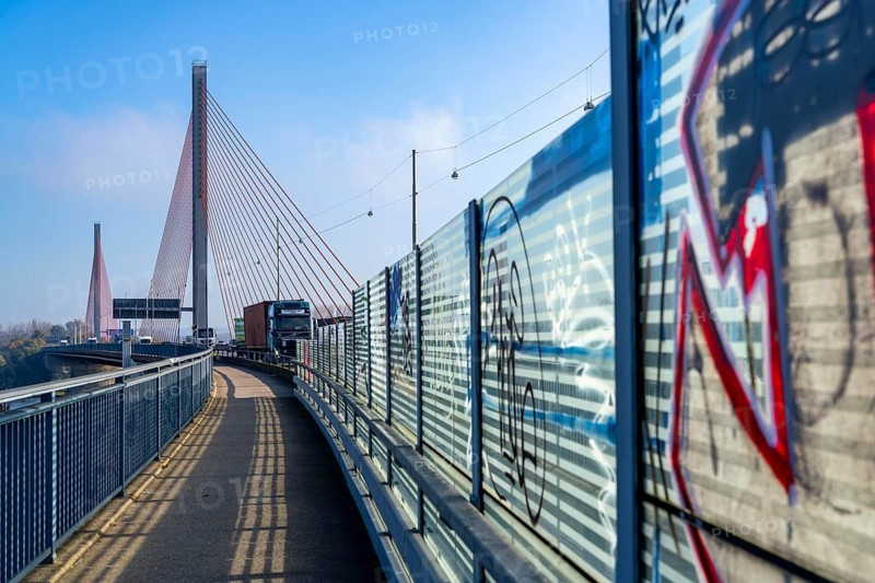 Friedrich Ebert Bridge over the Rhine near Bonn, also known as the North Bridge, motorway bridge on the A565, cable-stayed bridge, noise barrier, North Rhine-Westphalia, Germany, Europe