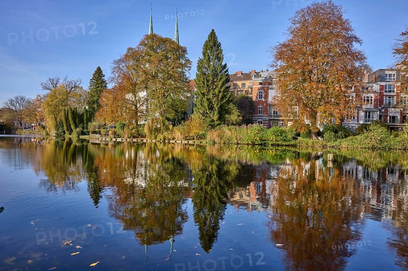 Mill pond with trees, general development, reflections on the water surface, Hanseatic city of Lübeck, Schleswig-Holstein, Germany, Europe