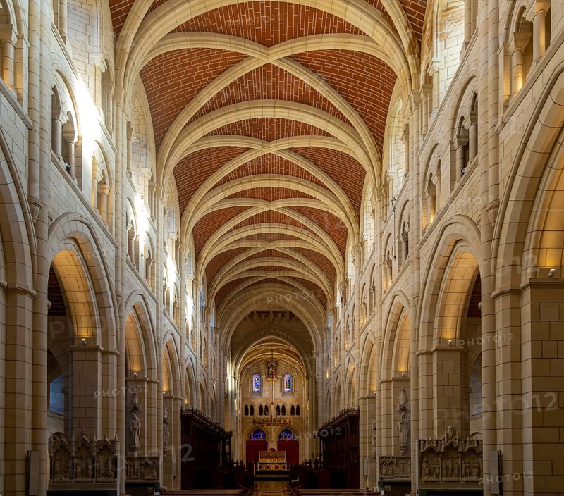 Vaulted roof ceiling interior of Buckfast abbey church, Buckfast Abbey, Devon. England, UK