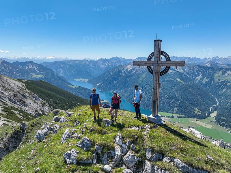 Aerial view, summit of the Unnütz, behind Achensee and Seekarspitze, Unnütz crossing, Brandenberg Alps, Tyrol, Austria, Europe