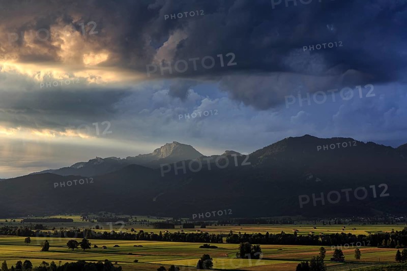 Cloudy mood, morning light, mountain landscape, summer, Loisach-Lake Kochel moor, Benediktenwand, Alpine foothills, Bavaria, Germany, Europe