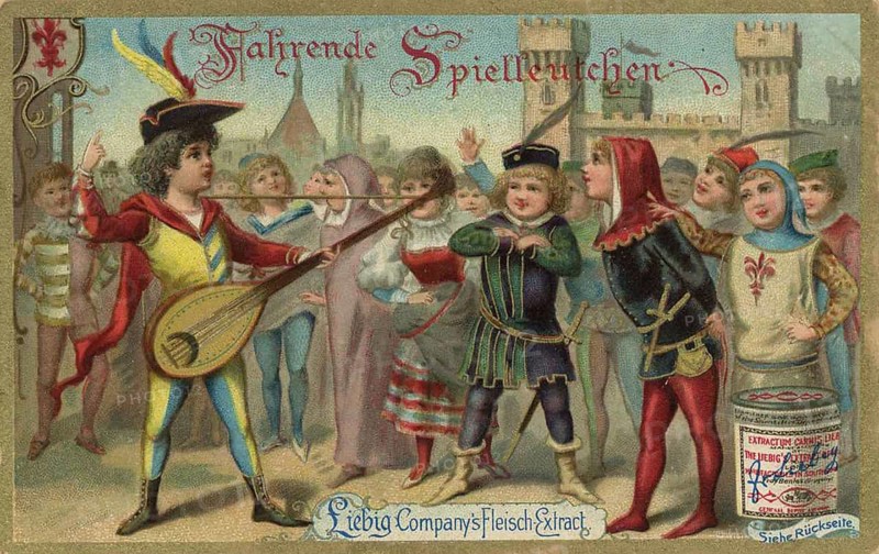 Picture series Children as travelling minstrels, Liebig picture, digitally restored reproduction of a collector's picture from around 1900, public domain, exact date unknown, parade of musicians in Renaissance costumes on a busy town square