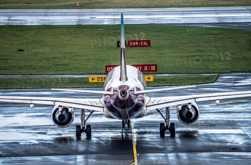 Düsseldorf Airport, Eurowings Airbus on the taxiway for take-off, signposting, Düsseldorf, North Rhine-Westphalia, Germany, Europe