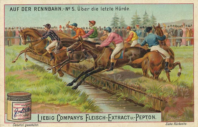 Picture series On the racecourse, over the last hurdle, Liebig picture, digitally restored reproduction of a collector's picture from around 1900, public domain, exact date unknown, jockeys and horses quickly overcoming a hurdle in an exciting race