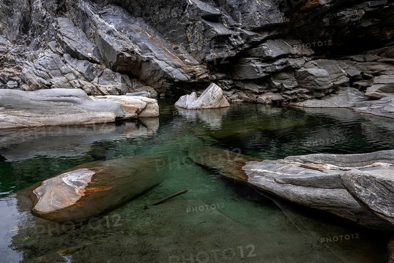 Rocks, granite rock formations in the Maggia River near Ponte Brolla, in the Maggia Valley, Valle Maggia, Canton Ticino, Switzerland, Europe