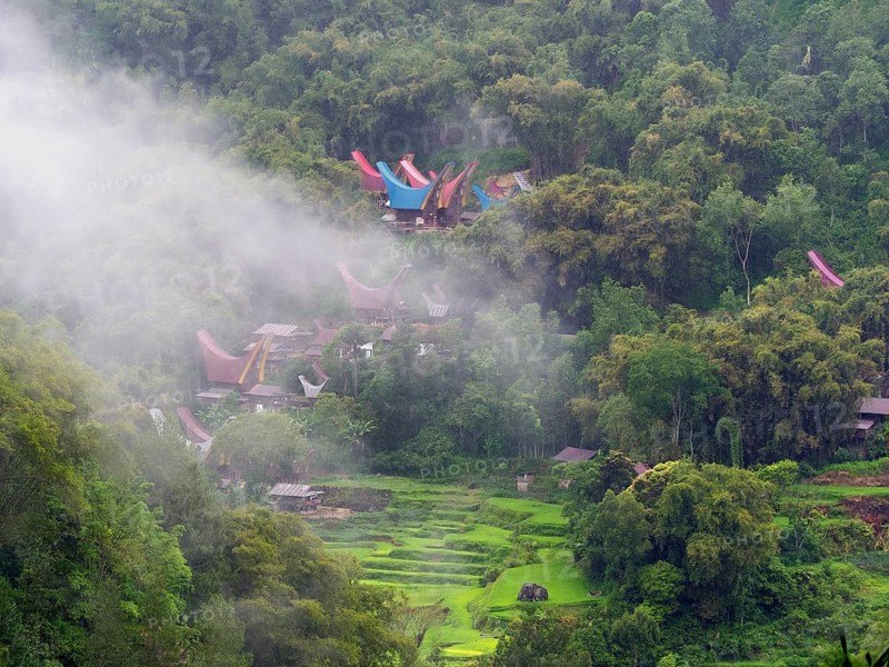 Tropical mountain landscape with traditional villages and rice paddies, Tana Toraja, Sulawesi, Indonesia, Asia