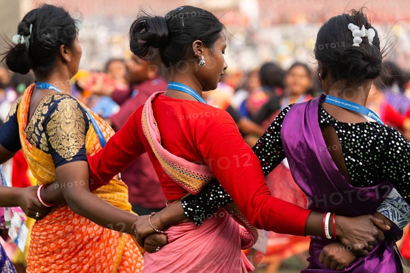 Several thousands of dancers perform traditional Jhumur dance, as they rehearse for the upcoming 'Jhumoir Binandini' event at the Sarusajai Stadium in Guwahati, India on February 22, 2025. Jhumur is a traditional folk dance of Assam, mainly performed by the Adivasi (Tea Tribe) community working in the tea gardens of the state