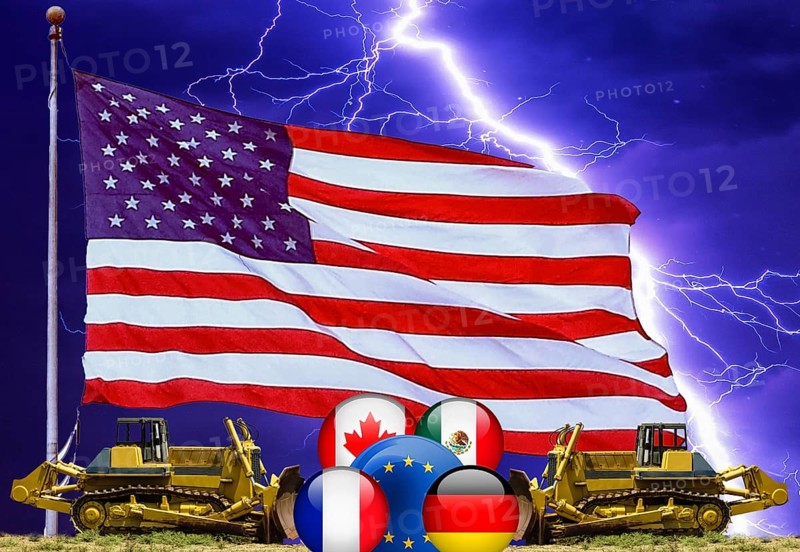 Symbolic image, bulldozer, EU, Germany, France, Canada, Mexico under political pressure, industry, Donald Trump, 2nd term, tariff threats, Elon Musk, Mark Zuckerberg, social networks, fake news, hate, hate speech, DSG Digital Services Act, USA, politics, announcements, vendetta, wanted dictator, Republicans, US electoral system, global danger, lies, global burden, Ukrainian war, storm White House, Europe