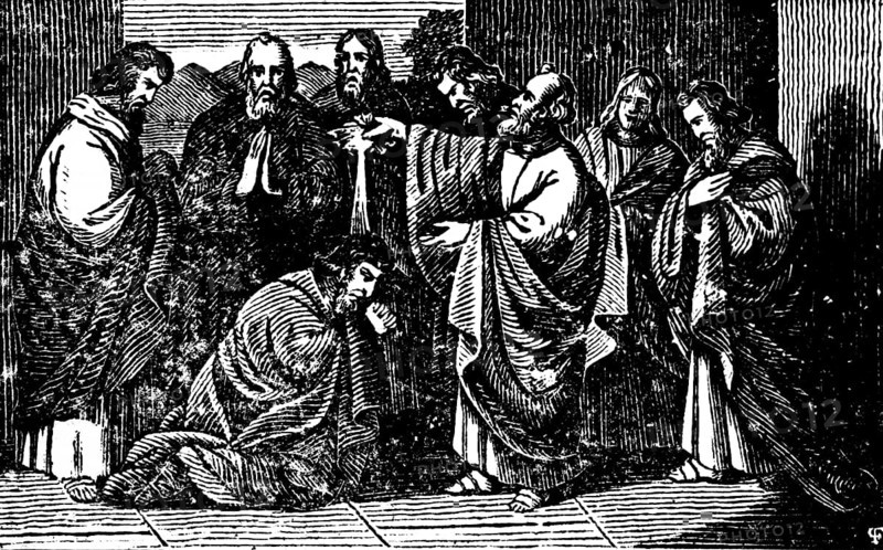 Peter converts 3000 souls to Christianity through his speech, New Testament, history of the apostles, kneeling, praying, woodcut, historical illustration, Christoph Schmid's Biblical History 1831