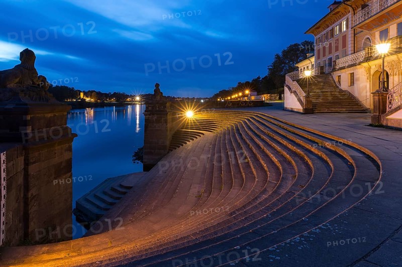 Staircase to the Elbe at the Water Palace of Pillnitz Castle at dusk, Dresden, Saxony, Germany, Europe