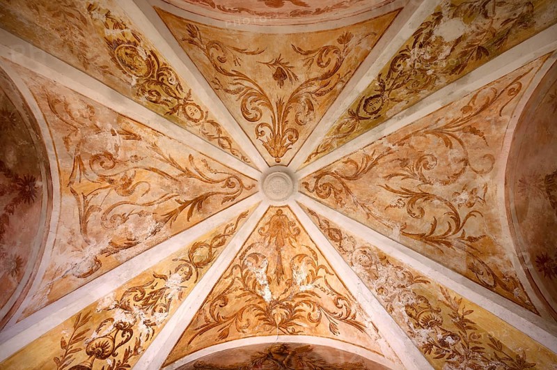 Interior view, ceiling of the monastery pharmacy of the Charterhouse, Iglesia de la Cartuja, Real Cartuja (Royal Carthusian Monastery), Valldemossa, Tramuntana Mountains, Serra de Tramuntana, Majorca, Balearic Islands, Balearic Islands, Spain, Europe