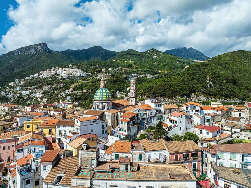 Vietri sul Mare from a drone, Amalfi Coast, Salerno, Campania, Italy, Europe