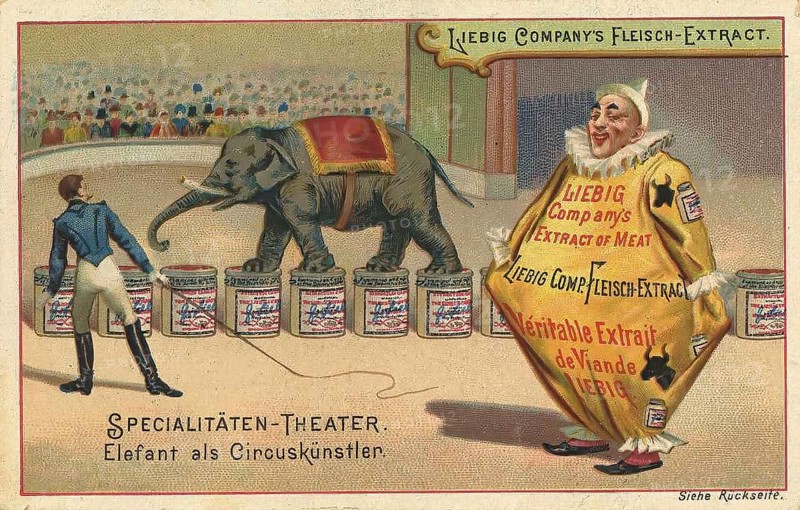Picture series Specialities Theatre, Elephant as circus artist, Liebig picture, digitally restored reproduction of a collector's picture from ca 1900, public domain, exact date unknown, A clown in an advertising costume watches an elephant in a circus ring with antique flair
