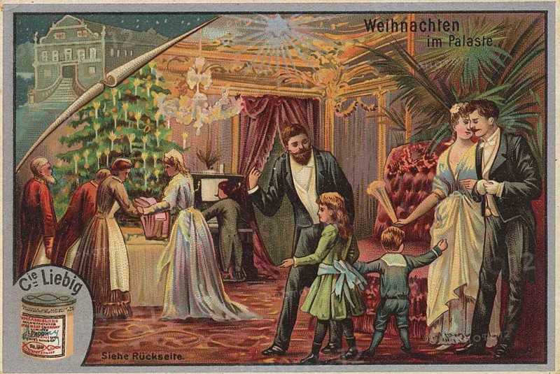 Picture series famous Christmas, in a palace, Liebig picture, digitally restored reproduction of a collector's picture from ca 1900, public domain, exact date unknown, festive ball in a palace at Christmas, elegantly dressed guests and children dancing