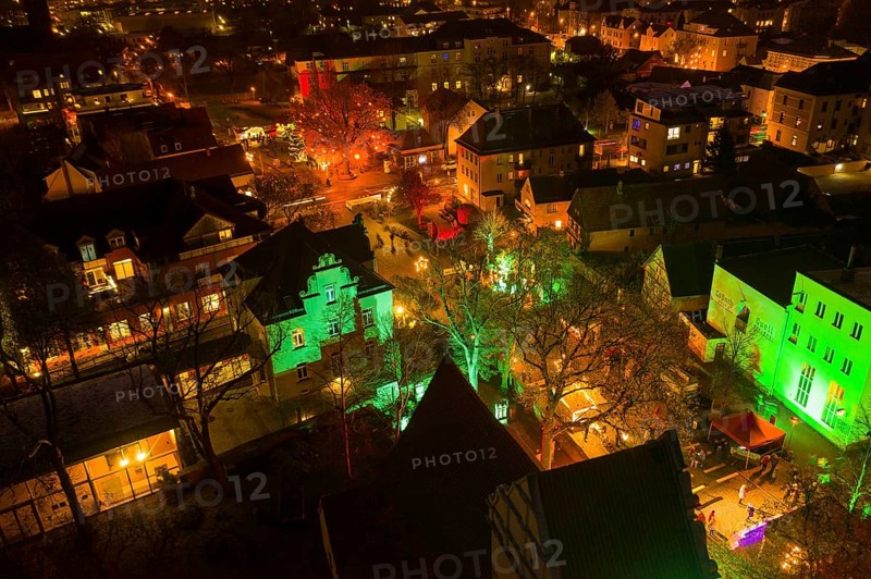 Aerial view of the Christmas market on Ravensburger Platz and Wettinplatz, Coswig, Saxony, Germany, Europe
