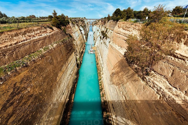 Construction work in the Corinth Canal, restoration after landslide, view of construction cranes, closed to shipping traffic, vertical rock faces, Corinth, Isthmus of Corinth, Greece, Europe