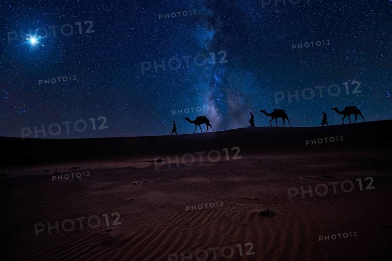 Christmas Jesus birth concept - Adoration of the Magi, Three Wise Men, Three Kings, and the Three biblical Magi with camel silhouettes journeying in sand dunes of desert follow Bethlehem star at night
