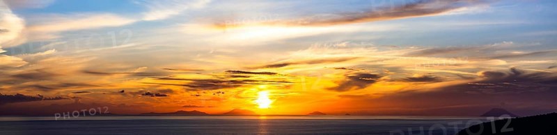 Panorama of Sunset over Aeolian Islands and Stromboli Volcano from Nicotera, Aeolus, Sicily, Tyrrhenian Sea, Italy, Europe