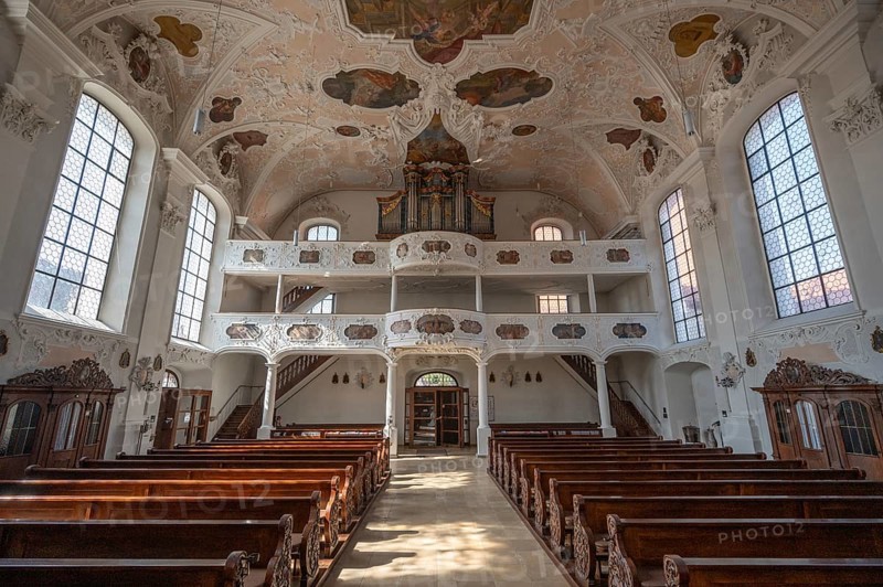 Interior with organ loft of the parish church of St. John the Baptist, built in 1475 as a Gothic church, baroqueised from 1732 to 1755, Hiltpoltstein, Middle Franconia, Bavaria, Germany, Europe