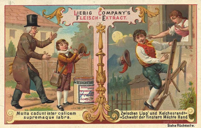 Picture series Sayings and Wisdom, Multa cadunt inter calicem supremaque labra, Between Lipp and Kelcgesrand hovers the hand of the dark forces, Liebig picture, digitally restored reproduction of a collector's picture from ca 1900, public domain, exact date unknown, A humorous scene in which a man and a child interact with a top hat