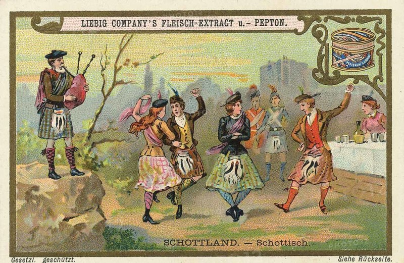 Picture series Dances of the World, Scotland, Liebig picture, digitally restored reproduction of a collector's picture from ca 1900, public domain, exact date unknown, Scottish dancers in traditional dress, accompanied by bagpipe music in a rural setting