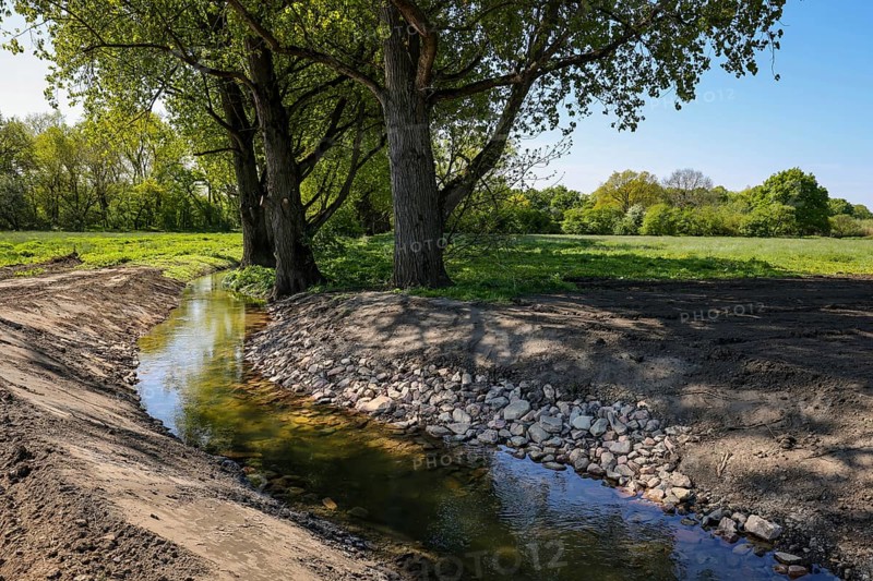 Haltern, North Rhine-Westphalia, Germany, Renaturalised, newly designed Gecksbach. Flood protection on the Lippe. Groundwater from the foreland is channelled into the Lippe via three spillways and then via the redesigned Gecksbach stream. Flood protection in the Haltern-Lippramsdorf-Marl area (HaLiMa) by relocating the dyke and thus extending the flooding areas, Europe