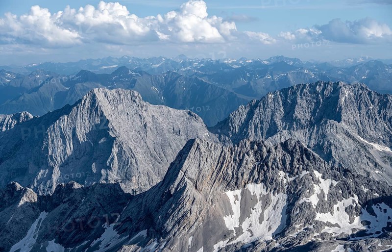View of mountain peak of the Hochwand, Mieminger Kette, view from the summit of the Zugspitze, Wetterstein range, Bavaria, Germany, Europe