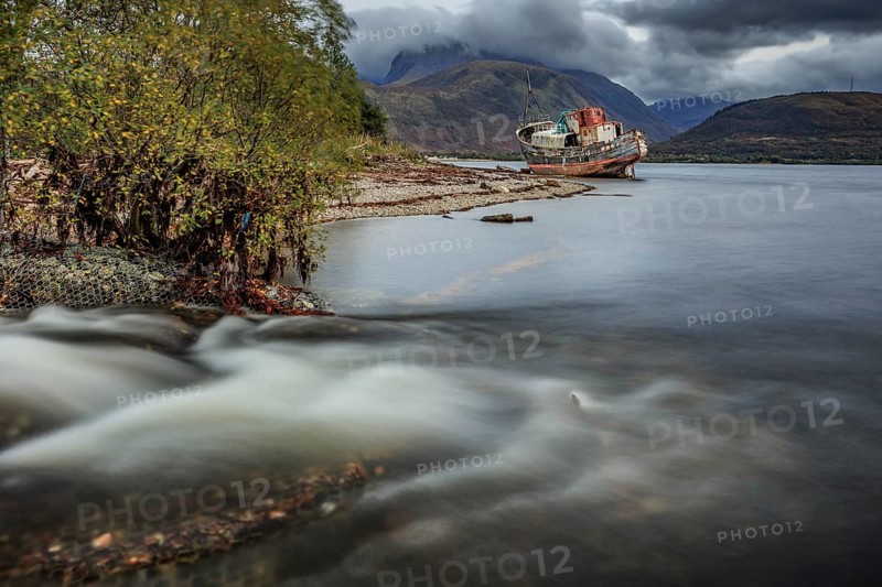 Shipwreck, coast, sea, mountains, river, long exposure, cloudy, autumn, Corpach Shipwreck, Corpach, Fort William, Scotland, Great Britain