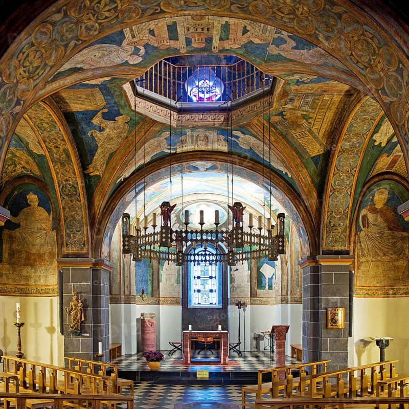 St. Maria and Clemens, Romanesque double church, lower church, view into the choir with ceiling paintings, Bonn, North Rhine-Westphalia, Germany, Europe