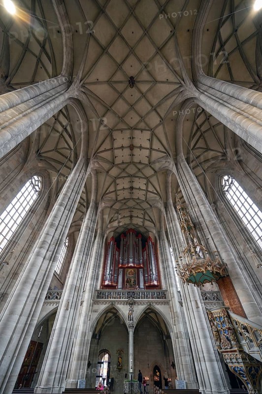 Interior with organ loft, organ built in 1997, late Gothic hall church of St George, Dinkelsbühl, Bavaria, Germany, Europe